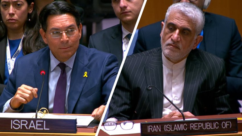 Split screen with Israeli and Iranian representatives at UN Security Council