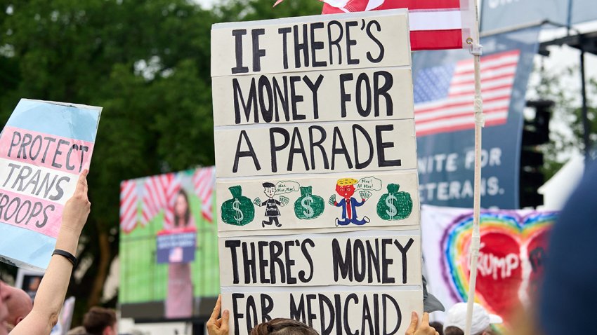 People protest on the national mall during the Unite For Veterans rally on the National Mall in Washington D.C. Friday, June 3, 2025. (Photo by Dominic Gwinn / Middle East Images via AFP) (Photo by DOMINIC GWINN/Middle East Images/AFP via Getty Images)