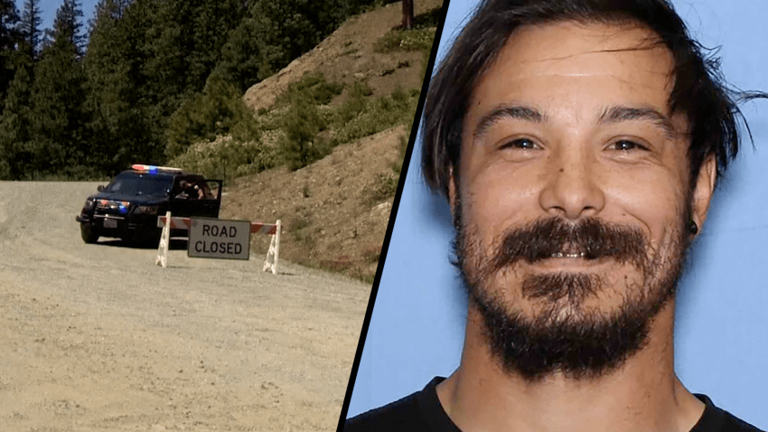Split screen with police car on left and photo of male suspect on right