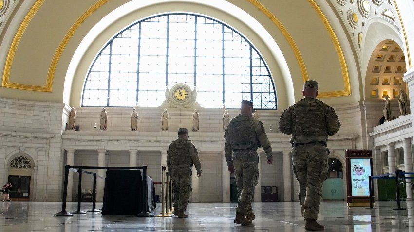 WASHINGTON, DC &#8211; AUGUST 25: National Guard soldiers patrol Union Station on August 25, 2025 in Washington, DC. The Trump administration has deployed federal officers and the National Guard to the District in order to place the DC Metropolitan Police Department under federal control and assist in crime prevention in the nation&#8217;s capital. (Photo by Kevin Dietsch/Getty Images)