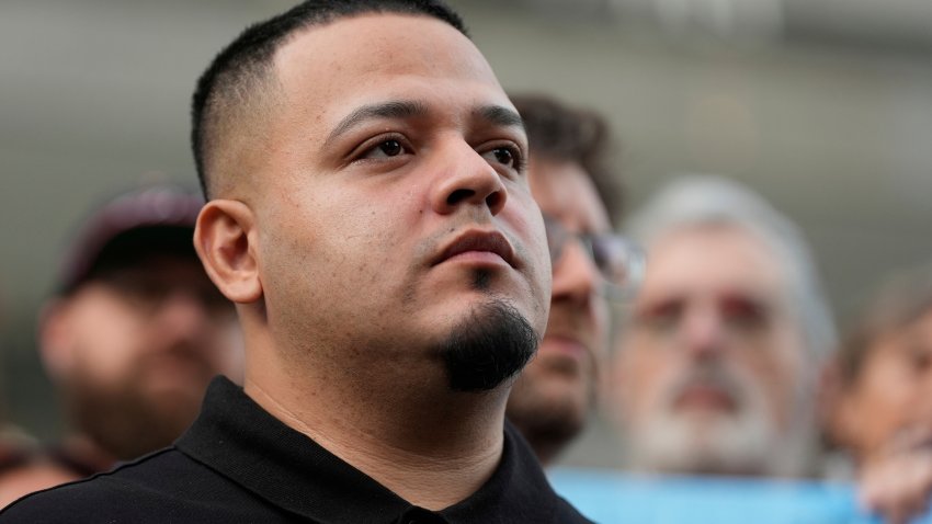 FILE - Kilmar Abrego Garcia attends a protest rally at the Immigration and Customs Enforcement field office in Baltimore, Aug. 25, 2025, to support Abrego Garcia.