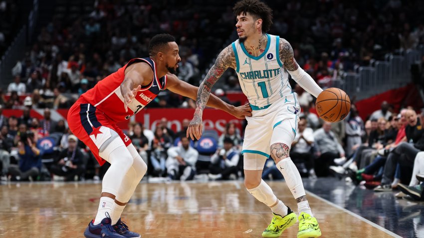 WASHINGTON, DC &#8211; OCTOBER 26: LaMelo Ball #1 of the Charlotte Hornets brings the ball up court against CJ McCollum #3 of the Washington Wizards during the first half at Capital One Arena on October 26, 2025 in Washington, DC. NOTE TO USER: User expressly acknowledges and agrees that, by downloading and or using this photograph, User is consenting to the terms and conditions of the Getty Images License Agreement. (Photo by Scott Taetsch/Getty Images)