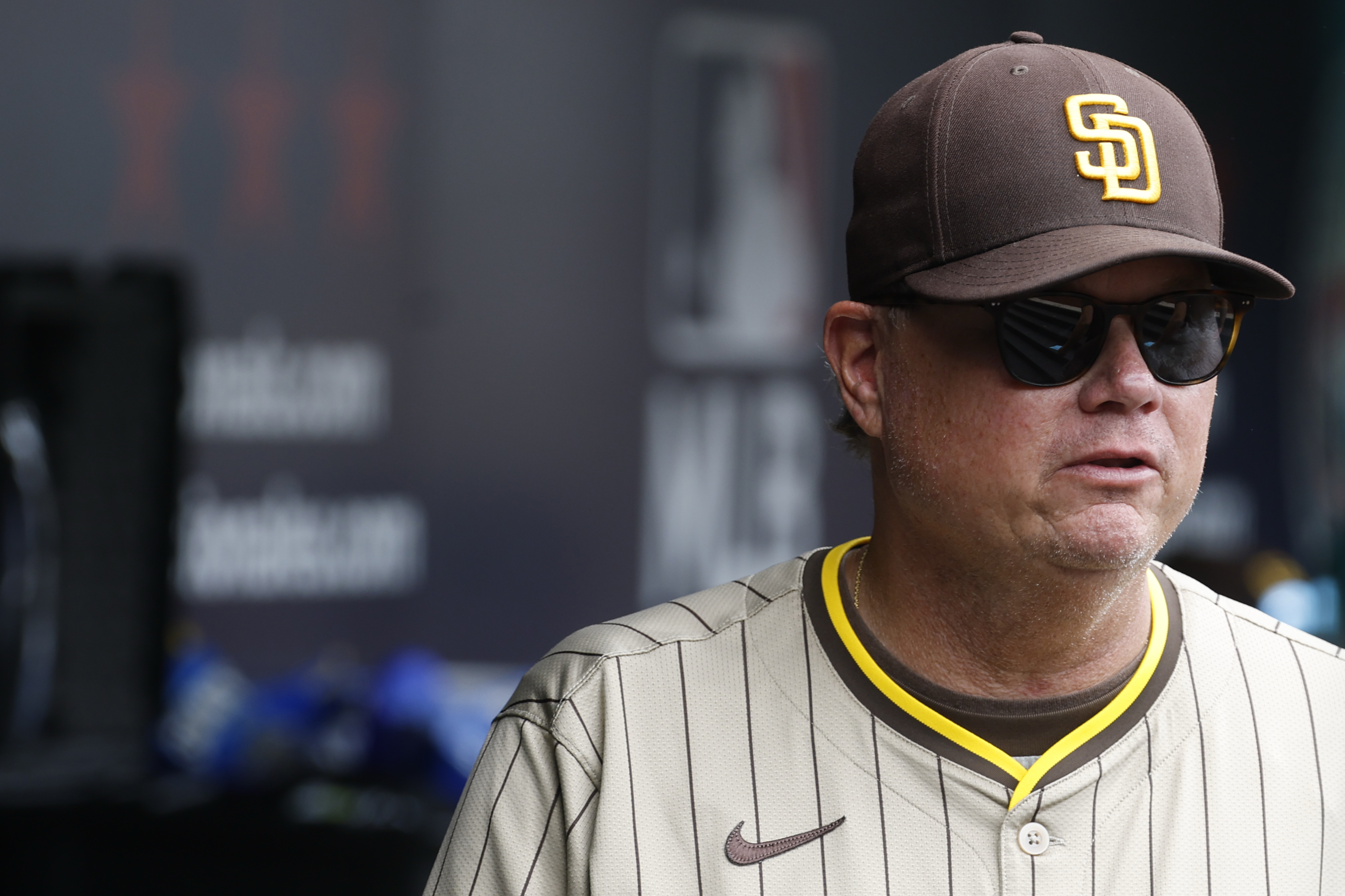 Jul 20, 2025; Washington, District of Columbia, USA; San Diego Padres manager Mike Shildt (8) stands in the dugout prior to the Padres’ game against the Washington Nationals at Nationals Park. Mandatory Credit: Geoff Burke-Imagn Images