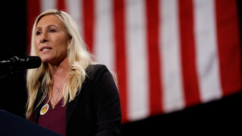 U.S. Rep. Marjorie Taylor Greene (R-GA) speaks before Republican presidential nominee, former U.S. President Donald Trump during a campaign rally at the Cobb Energy Performing Arts Centre on October 15, 2024 in Atlanta, Georgia.