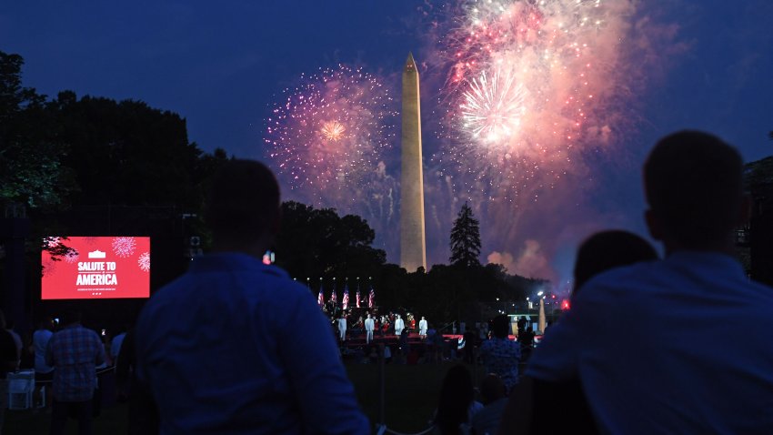 Fireworks explode near Washington Monument as seen from the South Lawn of the White House during the 2020 “Salute to America” event in honor of Independence Day in Washington, DC, July 4, 2020. (Photo by SAUL LOEB / AFP) (Photo by SAUL LOEB/AFP via Getty Images)