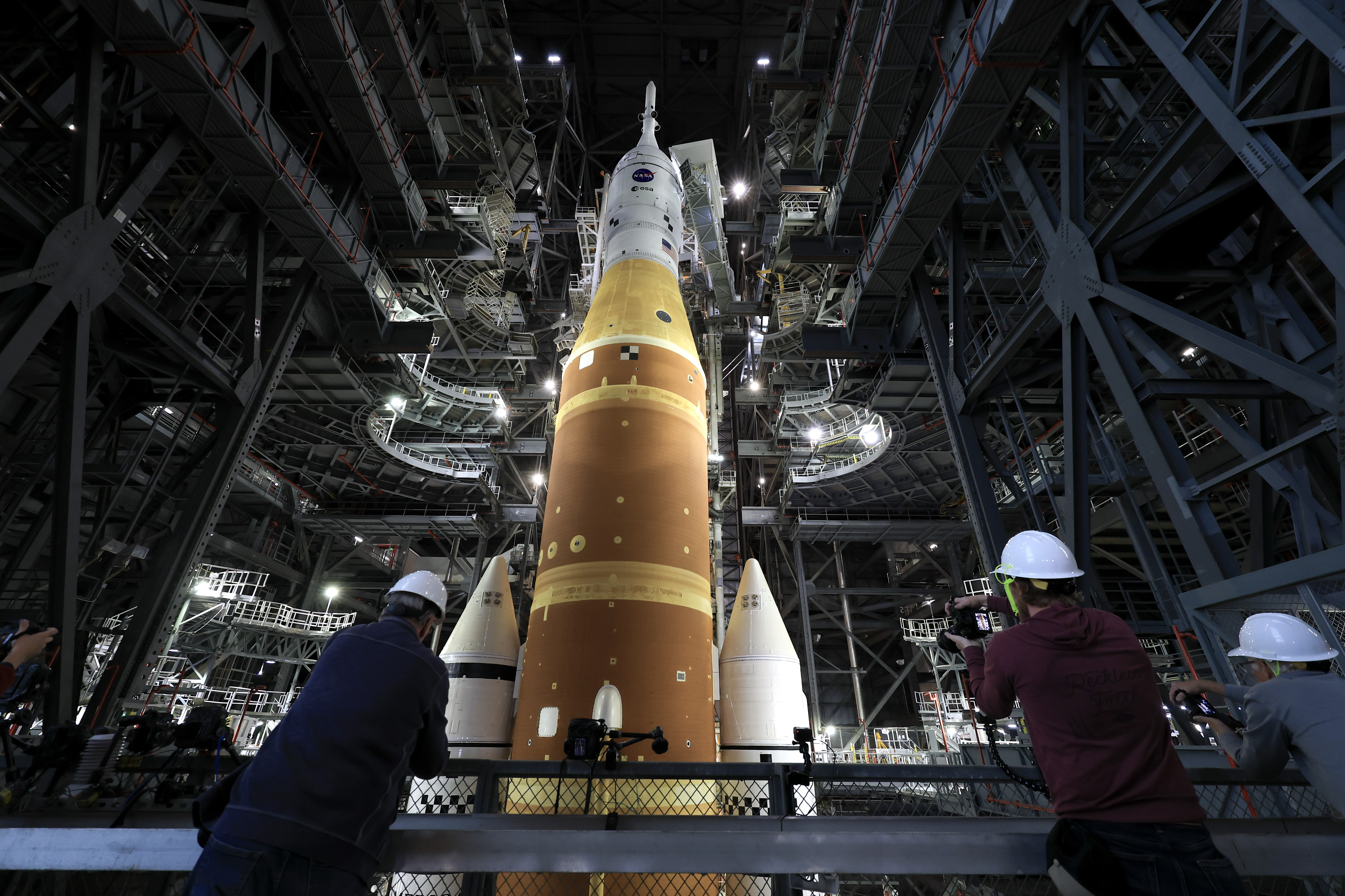 NASA’s Artemis II Space Launch System rocket and Orion spacecraft inside the Vehicle Assembly Building at NASA’s Kennedy Space Center on Friday, in preparation for rollout.
