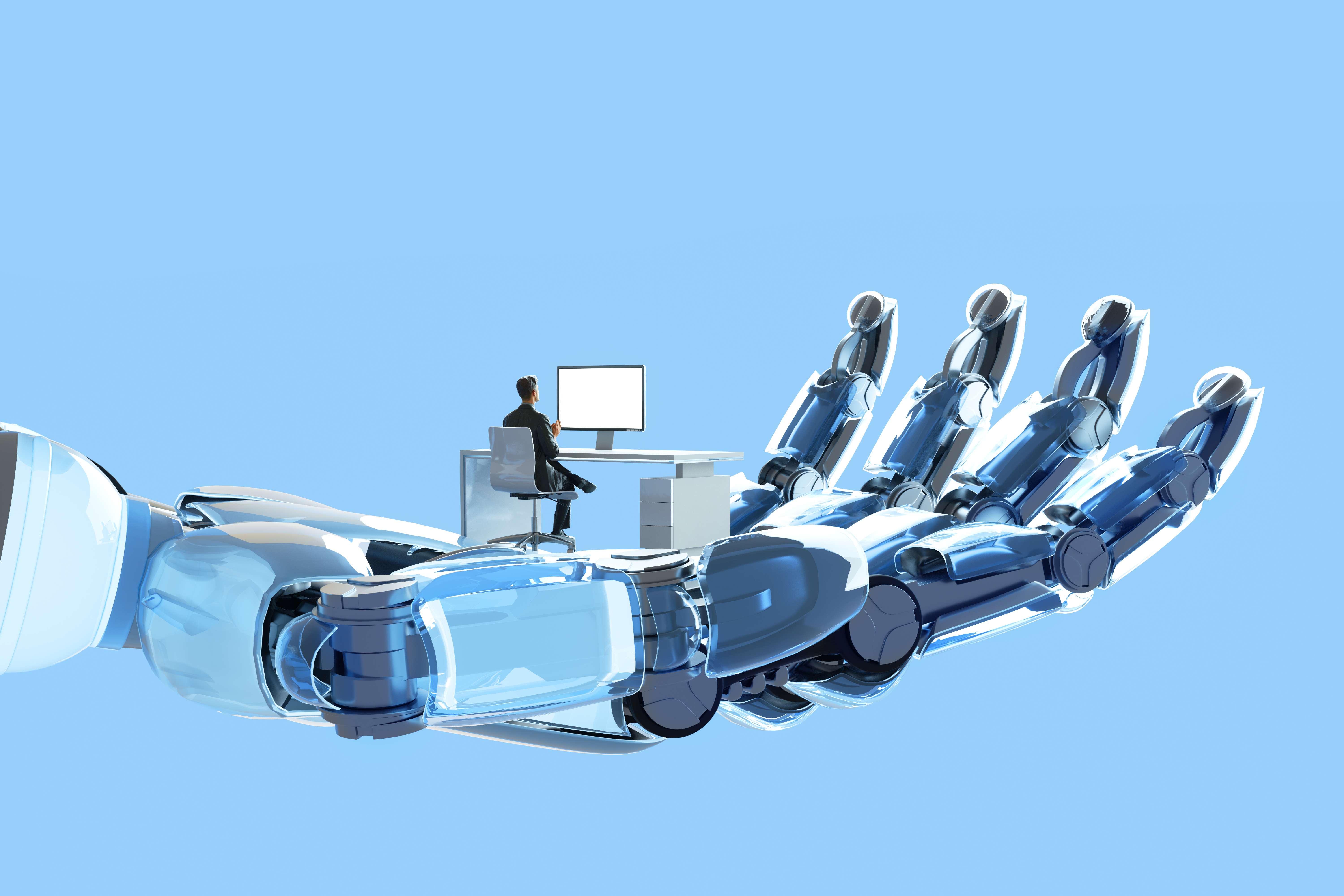 Person using a laptop with AI-themed graphics on screen