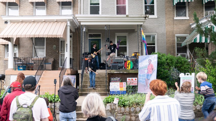 Musicians perform during the Petworth PorchFest in Washington, DC, on April 29, 2023. – Petworth PorchFest began in the Spring of 2021, as a way to help members of the community reconnect following the pandemic. Residents throughout the neighborhood host performances by local musicians on their front porches as a way to encourage gathering within their community. (Photo by Stefani Reynolds / AFP) (Photo by STEFANI REYNOLDS/AFP via Getty Images)