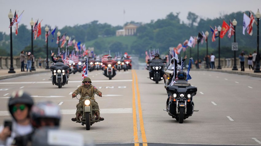 Motorcyclists ride in formation over the Arlington Memorial Bridge during the Rolling to Remember ride on the Sunday of Memorial Day weekend, May 24, 2026.
