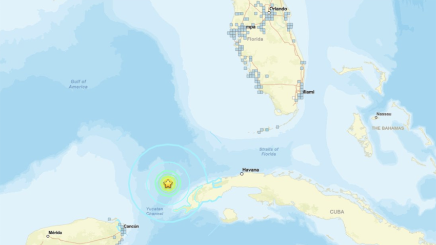 A map showing where impacts were felt from an earthquake off Cuba on June 8, 2026.
