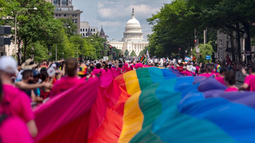 WASHINGTON, DC – JUNE 7: Activists with the Gilbert Baker Foundation carry a 1,000-foot Rainbow Flag along the parade route during the WorldPride 2025 Celebrations on June 7, 2025 in Washington, DC. This year Washington, DC is the host city for the annual WorldPride, a global celebration of the LGBTQ community. 2025 marks the 50th Anniversary of Pride celebrations in Washington, DC. (Photo by Kent Nishimura/Getty Images)