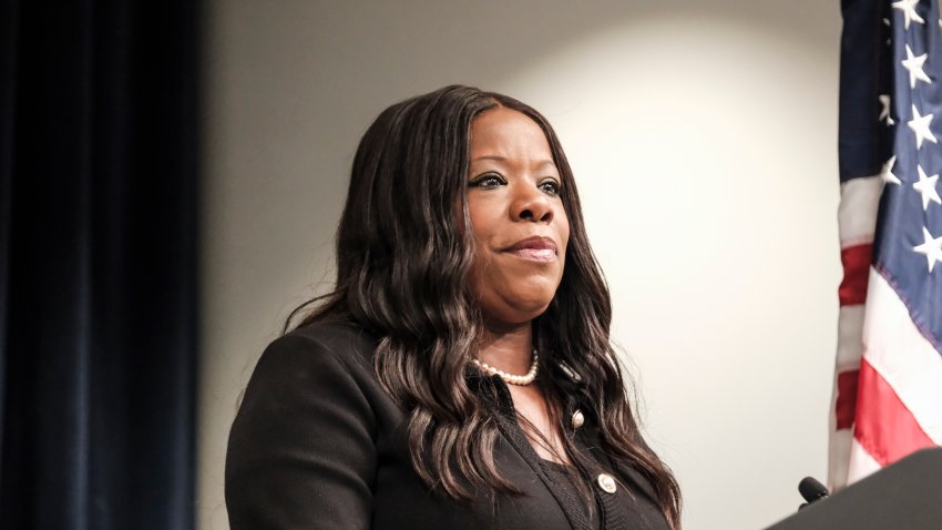LARGO, MD- JUNE 30: Prince Georges County Executive Aisha N. Braveboy speaks during a press conference on June 30, 2025 in Largo, Maryland. Braveboy announced  Thelmetria Michaelides as the new Fire Chief of Prince George’s County. (Michael A. McCoy/For The Washington Post via Getty Images)