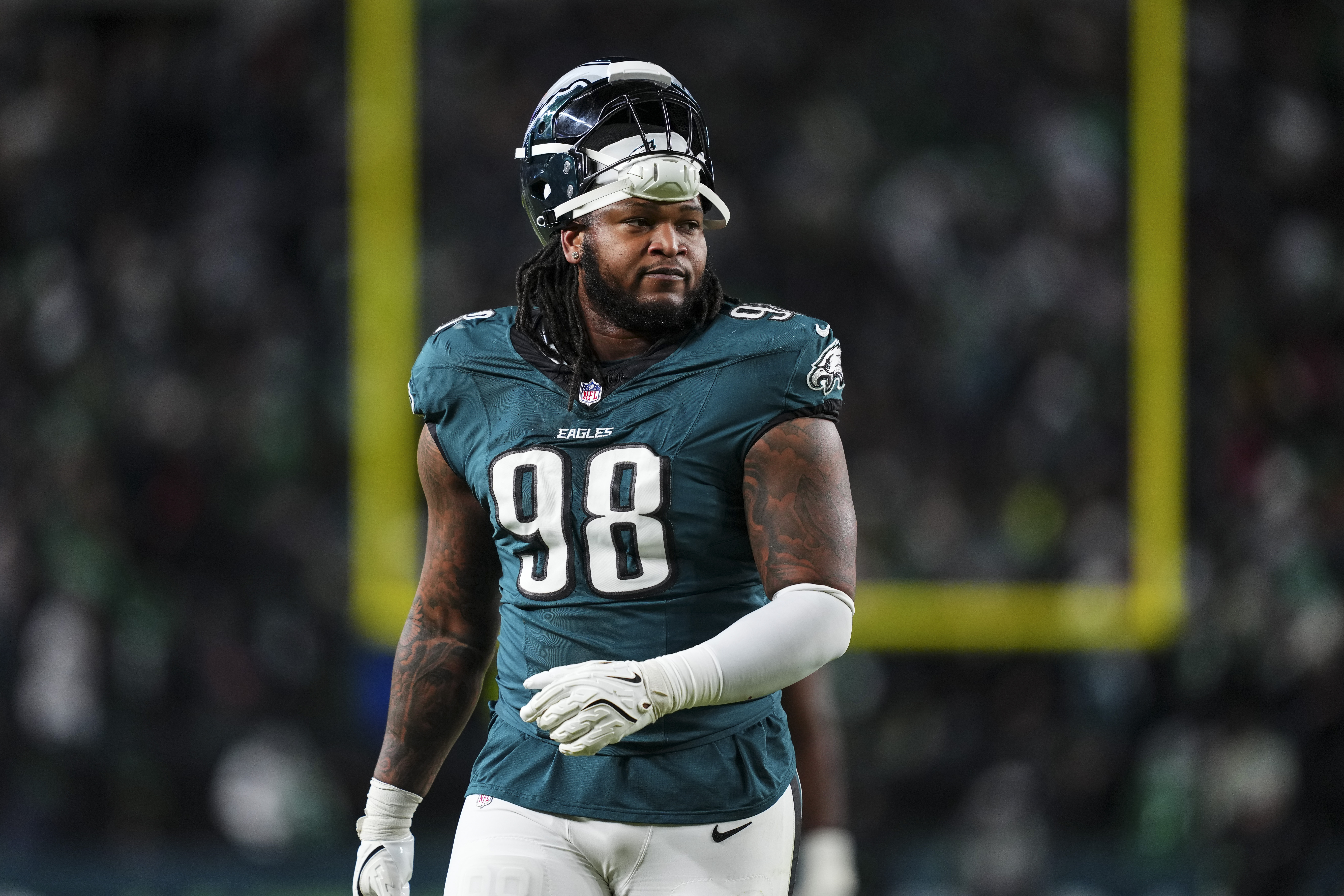 PHILADELPHIA, PA – JANUARY 11: Jalen Carter #98 of the Philadelphia Eagles exits the field during an NFL wild card playoff football game against the San Francisco 49ers at Lincoln Financial Field on January 11, 2026 in Philadelphia, Pennsylvania. (Photo by Cooper Neill/Getty Images)