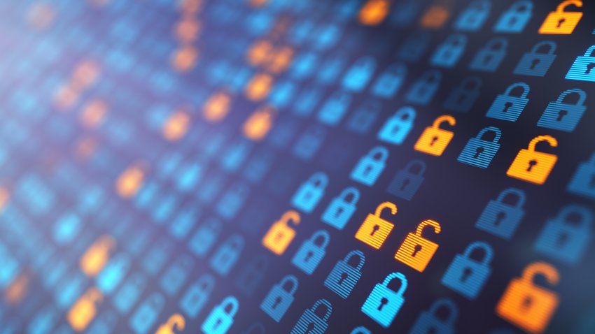 Abstract digital background with glowing open and closed padlock icons, Сybersecurity risks, data protection, encryption status, and online privacy management.