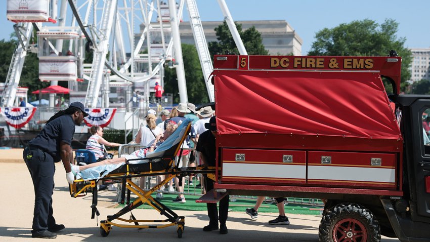 A woman is treated by D.C. Fire and EMS after collapsing while standing in line for the Ferris Wheel during the Great American State Fair on the National Mall on July 3, 2026, in Washington, D.C.
