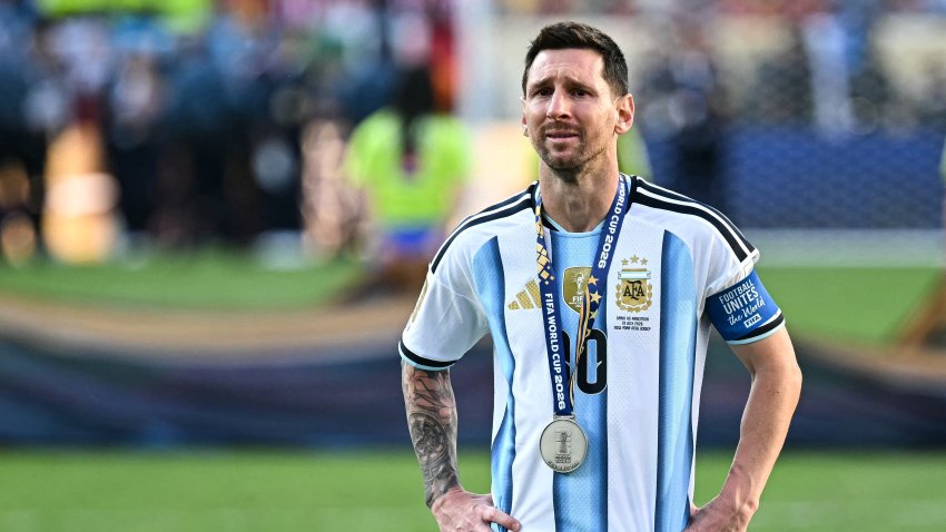 Argentina's forward #10 Lionel Messi cries during the trophy ceremony.