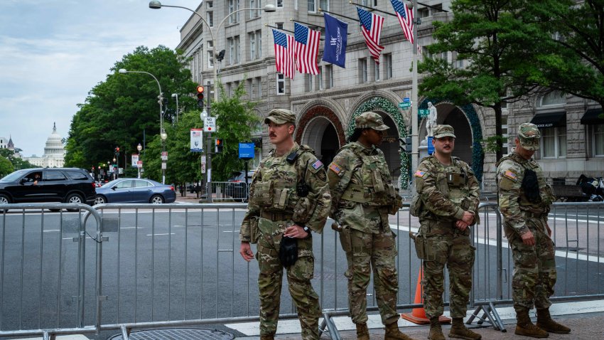 Members of the National Guard outside the White House Correspondents’ Association (WHCA) dinner in Washington, DC, US, on Friday, July 24, 2026. The US Secret Service is preparing to secure a rescheduled White House Correspondents’ Association dinner on Friday amid what its director called the highest threat level of his 24-year career, three months after a shooting disrupted the association’s original gala. Photographer: Emily Alff/Bloomberg via Getty Images