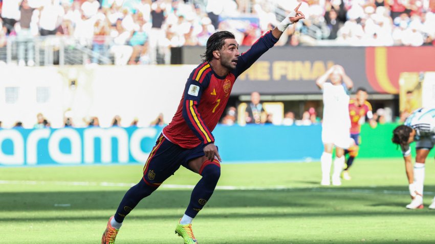 Spain's forward #07 Ferran Torres celebrates scoring.