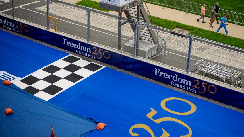 WASHINGTON, DC – AUGUST 18: The finish line of the Indy Car race track for the Freedom 250 Grand Prix on August 18, 2026 in Washington, DC. Final preparations continue for this weekend’s inaugural Freedom 250 Grand Prix, a historic two-day NTT IndyCar Series street race past iconic National Mall landmarks to celebrate America’s 250th anniversary. (Photo by Andrew Harnik/Getty Images)