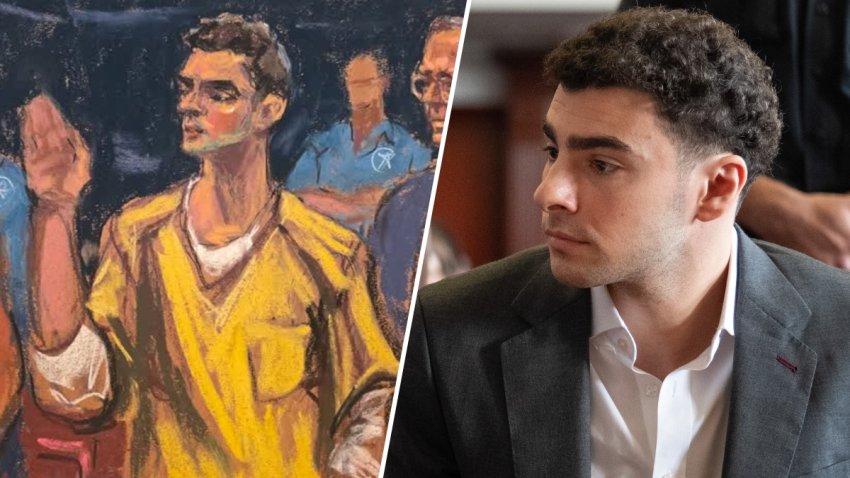 Court sketch (left) of Luigi Mangione pleading guilty in to federal stalking charges on Friday, August 14; Mangione (...