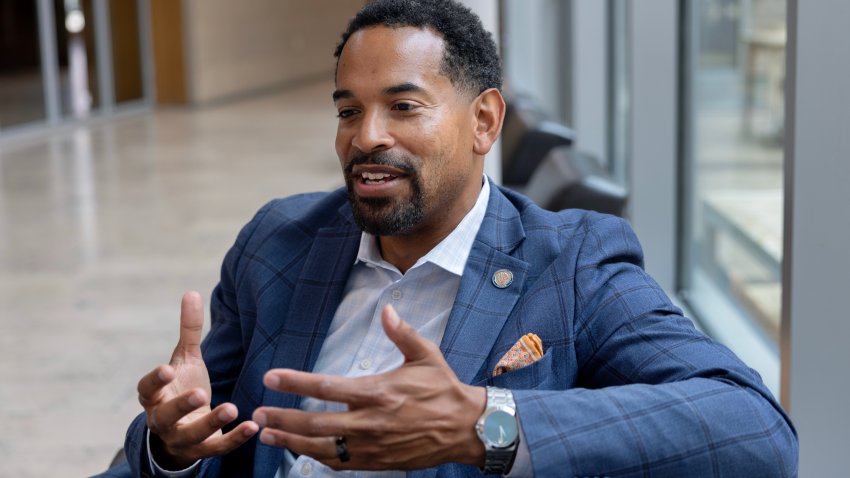 Will Jawando pictured giving an interview to the Washington Post as he claimed victory in the Democratic primary for Montgomery County executive in Silver Spring Civic Building in Silver Spring, MD, U.S., on June 26, 2026. (Photo by Leah Millis for The Washington Post via Getty Images)