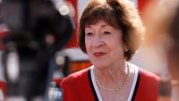 KITTERY, MAINE – AUGUST 14: U.S. Sen. Susan Collins (R-ME) speaks with the news media outside the Kittery Trading Post, the first stop of a weekend re-election campaign bus tour of the state of Maine, on August 14, 2026 in Kittery, Maine. (Photo by CJ Gunther/Getty Images)