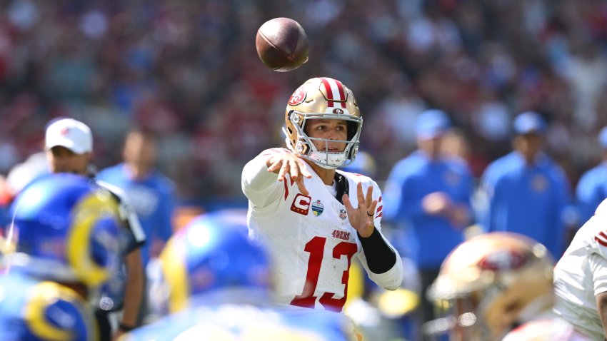 Brock Purdy #13 of the San Francisco 49ers passes the ball.