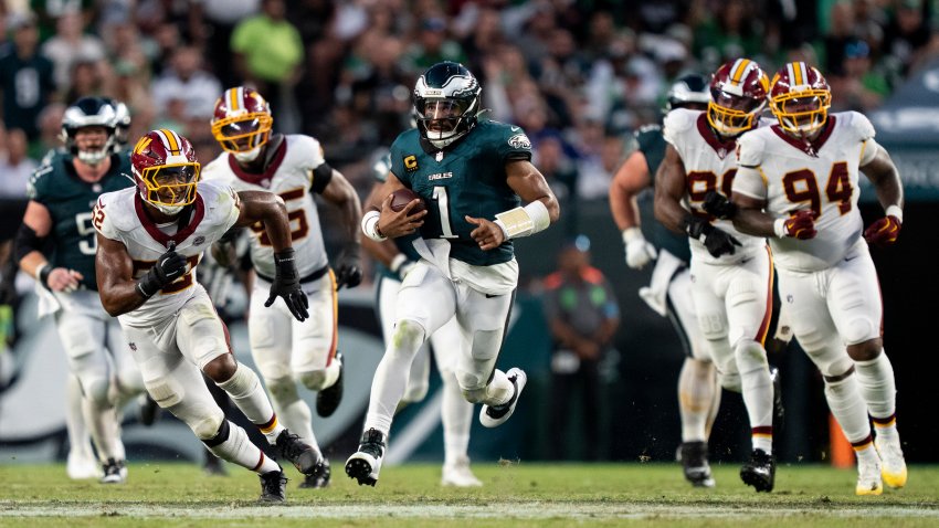 PHILADELPHIA, PENNSYLVANIA – SEPTEMBER 13: Jalen Hurts #1 of the Philadelphia Eagles runs with the ball against the Washington Commanders during an NFL football game at Lincoln Financial Field on September 13, 2026 in Philadelphia, Pennsylvania. (Photo by Michael Owens/Getty Images)