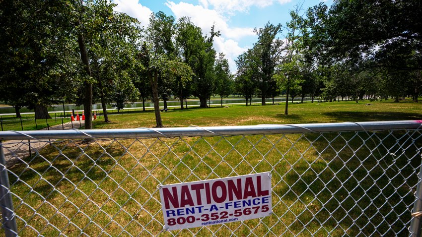 File photo. A chain link fence keeps visitors away from the Reflecting Pool on the National Mall on July 9, 2026 in Washington, D.C.