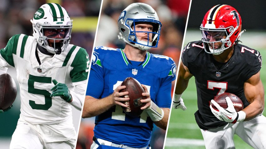 Split image of Garrett Wilson/Sam Darnold/Bijan Robinson