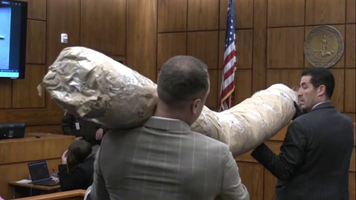 Prosecutors bring carpet from the Bhatts' bedroom into court