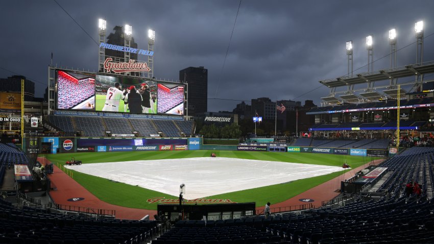 A general view of a tarp covering the field prior to game four of the American League Championship Series between the Tampa Bay Rays and the Cleveland Guardians at Progressive Field on October 16, 2026 in Cleveland, Ohio.